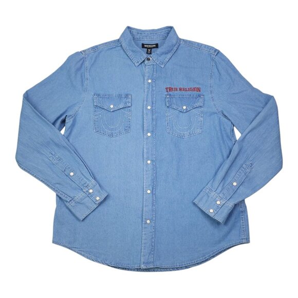True Religion Light Blue Chambray Long Sleeve Shirt M Snaps Denim Chest Pockets - Picture 1 of 13